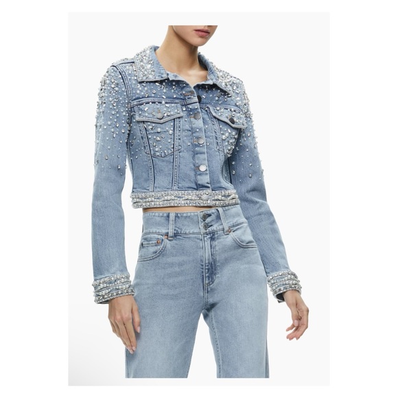 New! Alice & Olivia Nelson Crystal & Pearl Embellished Denim Jacket - Picture 3 of 12